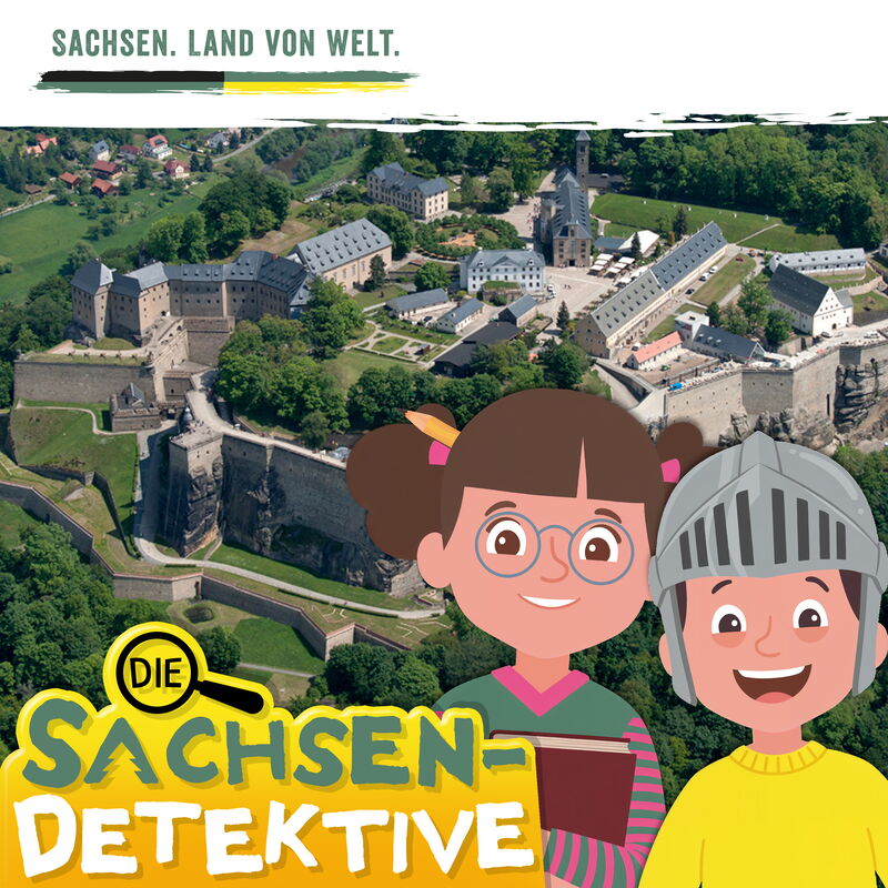 Bildmontage: Zwei Kinder mit Detektivlupe vor der Festung Königstein