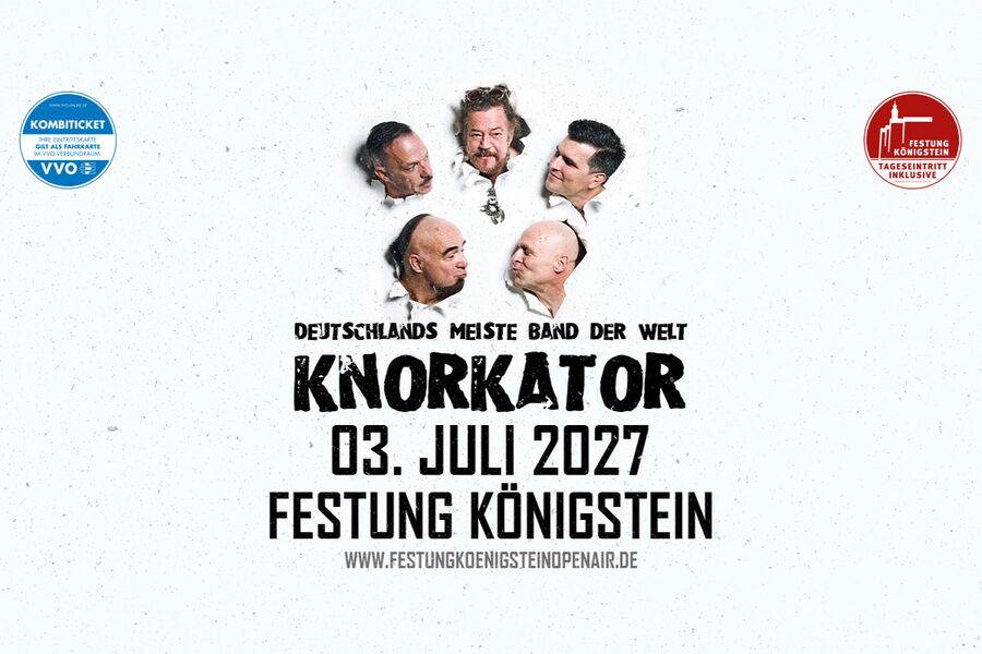 Plakatmotiv für das Konzert von Knorkator: Darstellung der Köpfe der Musiker, die durch ein Papierwand stoßen