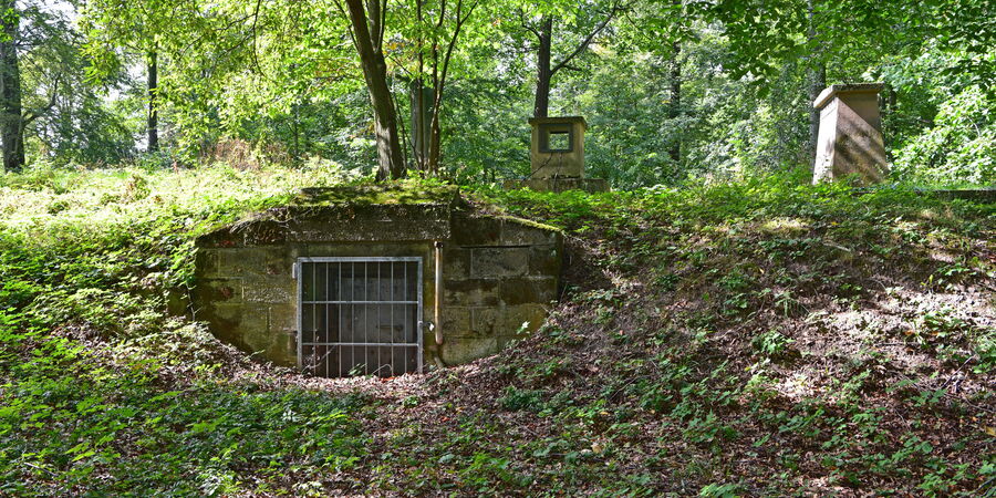 Aus einem Erdhügel ragen mehrere Schornsteine und ein eingemauteres Gitter hervor. Der Hügel befindet sich im Festungswald. Unter dem Hügel ist der Bunker.